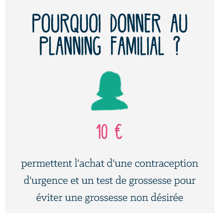Pourquoi donner au Planning Familial ?
10€ permettent l'achat d'une contraception d'urgence et un test de grossesse pour éviter une grossesse non désirée.
