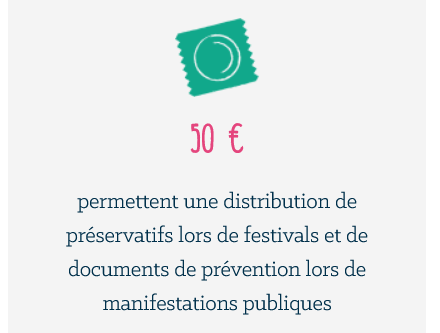 50€ permettent une distribution de préservatifs lors de festivals et de documents de prévention lors de manifestations publiques.