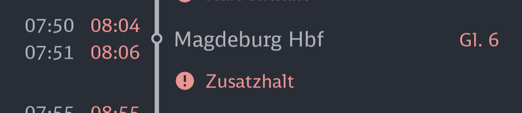 Ein Ausschnitt aus einem Zuglauf im DB Navigator, der einen zusätzlichen Halt in Magdeburg zu einer sozialverträglichen Uhrzeit ankündigt.