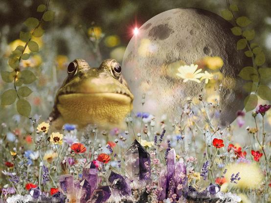 A digital collage of a frog looking directly at the viewer with a pensive expression in a very small field of wildflowers interspersed with amethyst crystals. A full moon is transparent in the background and the mood is dream like