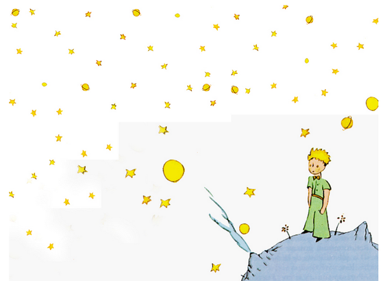 Le petit prince est debout, il admire les étoiles et planètes dorées qui se détachent sur un ciel blanc devant lui.