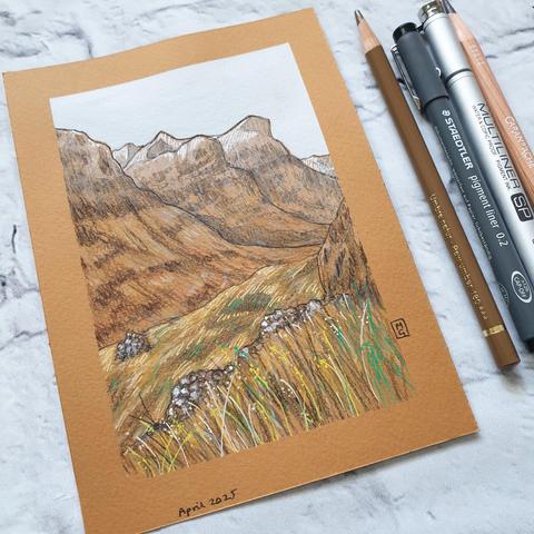 A small drawing of the Three Sisters of Glencoe. A highland mountain scene. The drawing is on terracotta coloured paper. It measures 5 by 7 inches.
The Three Sisters of Glencoe are among the most iconic and breath taking sights in the Scottish Highlands. These three towering ridges dominate the landscape of Glencoe, offering a dramatic and awe-inspiring view.
An original art work
Colour pencil and mixed media on acid free toned artist paper
5 by 7 inches (12.7 by 17.8 cm).
Sold unframed