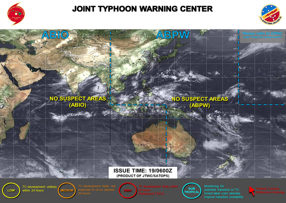 ABPW10 PGTW 190600
MSGID/GENADMIN/JOINT TYPHOON WRNCEN PEARL HARBOR HI//
SUBJ/SIGNIFICANT TROPICAL WEATHER ADVISORY FOR THE WESTERN AND SOUTH 
PACIFIC OCEANS/190600Z-200600ZJUN2025//
RMKS/
1. WESTERN NORTH PACIFIC AREA (180 TO MALAY PENINSULA):
   A. TROPICAL CYCLONE SUMMARY: NONE.
   B. TROPICAL DISTURBANCE SUMMARY: NONE.
   C. SUBTROPICAL SYSTEM SUMMARY: NONE.
2. SOUTH PACIFIC AREA (WEST COAST OF SOUTH AMERICA TO 135 EAST):
   A. TROPICAL CYCLONE SUMMARY: NONE.
   B. TROPICAL DISTURBANCE SUMMARY: NONE.
   C. SUBTROPICAL SYSTEM SUMMARY: NONE.//
NNNN