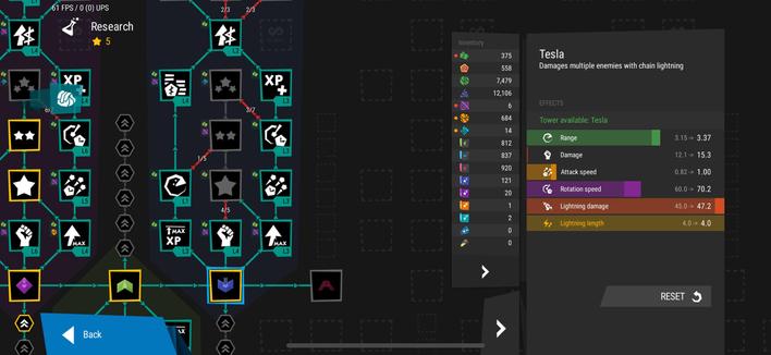 Infinitode 2 screenshot. 
The game's "Research" tech tree, zoomed into a branch for a type of tower called Tesla. It's a tower that strikes enemies with lightning that chains to nearby other enemies.