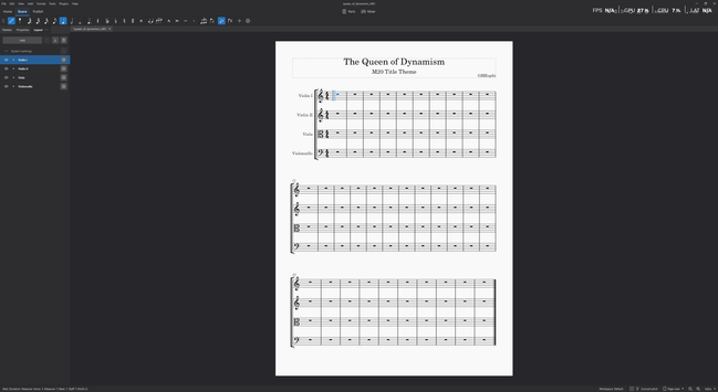 Screenshot einer Partitur für Streichquartett, Title "The Queen of Dynamism" , M20 Thema