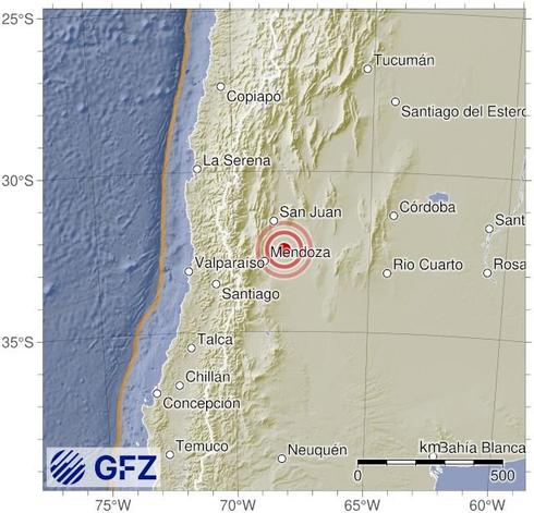 Map showing the earthquake of 2025-06-19 in Mendoza Province, Argentina
