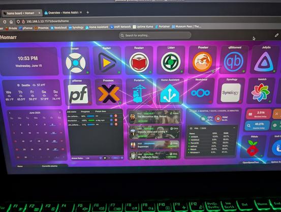A dashboard showing my server apps and stuff with a shiny neon background.