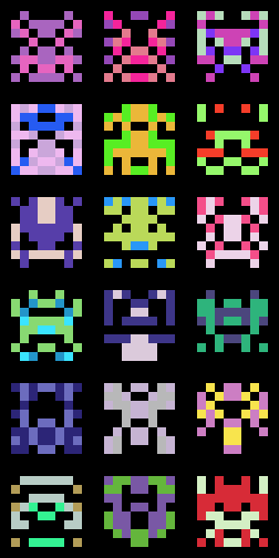 a 3x6 grid of multicolored 8x8 pixel aliens a la space invaders