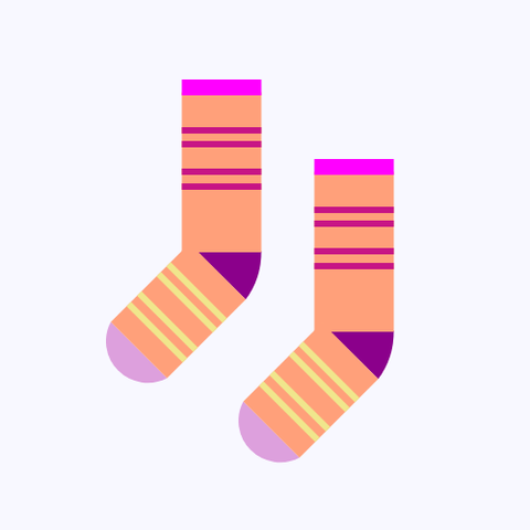 Two socks: Both are a LightSalmon sock with a DarkMagenta heel, a Plum toe, and a Magenta cuff, with four MediumVioletRed stripes on the leg and four Khaki stripes on the foot, all on a GhostWhite background.