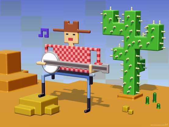 Voxel-style artwork, showing a very stylized cowboy singing while playing on a banjo, in a Western desert environment with a large cactus.