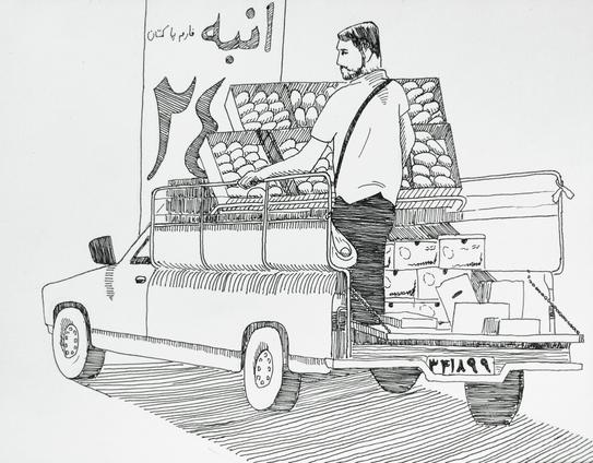 An ink drawing of a man on the back of a truck selling fruit.