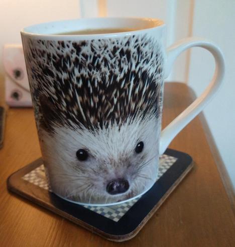 Mug of tea on a bedside cabinet with the face of a hedgehog staring out