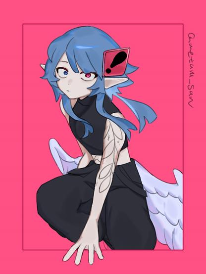 A human-shaped character, who has purple wings on their waist, elf-ears, tattoos on their left arm and on the right side of their belly, blue middle-short hair, and heterochromia eyes (blue on the right, and pink on the left), wears a pink sign with "!" on the left side of their head, a black short top and a cargo pants, is my persona. They are looking at you with surprised eyes, and are about to get out from a frame they are in. The background is bright pink, and the artist's sign is written on the right of the drawing.