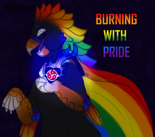 a black phoenix with a rainbow feathered mullet mane holding a burning heart featuring the BDSM pride flag, on his shoulders is the rainbow flag worn as a cape
