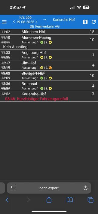The image displays a train schedule for ICE 566 traveling to Karlsruhe Hbf on June 19, 2025. It lists various stops, including arrival times and occupancy information for each stop, with a note indicating a recent service disruption.