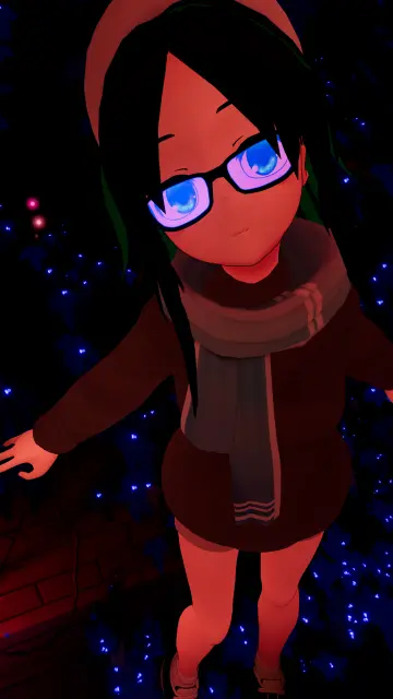 VR photo of one of my VRChat characters, Lia (shorter anime girl with brown-green hair, thick-rim glasses, a scarf, green pullover, wearing a white cap).