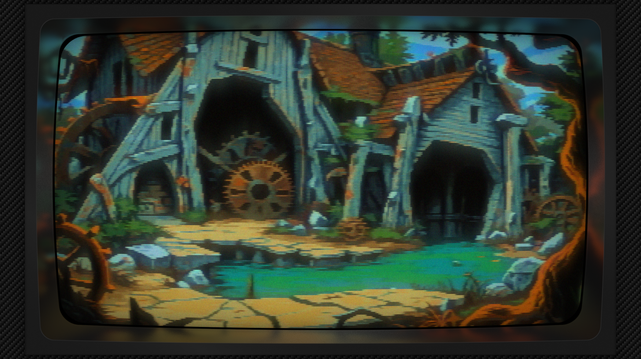 Pixel art of a forgotten heartwood, a mill complex exhaling the scent of centuries, its teal-green skin blistered with the sun's slow burn and patched with the raw grain beneath. A turquoise-green pool mirrors the structure’s weary gaze, a liquid looking-glass reflecting a sky muted by memory. Terracotta tiles cascade like fallen leaves from a steeply pitched roof, a silent avalanche of time. Gnarled roots, the grasping fingers of the earth, embrace the timber frame, a relentless choreography of reclamation. Rusted gears, scattered like fallen stars, whisper of a mechanical pulse now stilled, while a water wheel, a skeletal hand reaching for the sky, stands sentinel beside the pool. A path of moss-kissed stones winds toward the ruin, a ribbon of green unraveling through a wilderness of ferns and grasses. A twisted tree trunk, a petrified wave, guards the mill’s base, its exposed roots a tangled web of secrets. The image has a CRT filter applied.
