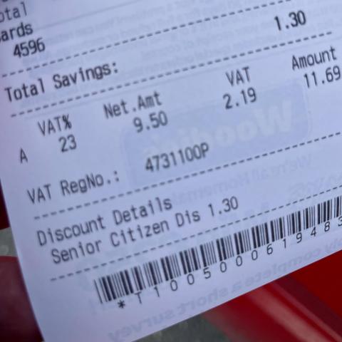 Image of a retail receipt showing total savings, net amount, VAT details, and a discount for senior citizens. The total amount is noted as Euro 11.69, with a senior citizen discount of Euro 1.30 applied.