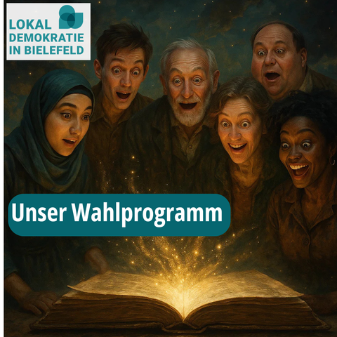 Das Bild zeigt eine emotionale und fantasievolle Szene, die visuell stark an ein Märchen erinnert:

Im Mittelpunkt des Bildes liegt ein großes, altes Buch, das offen vor einer Gruppe von sechs Menschen liegt. Aus dem Buch strömt ein goldenes, funkelndes Licht nach oben – wie Magie oder ein geheimnisvoller Zauber. Die Lichtstrahlen beleuchten die Gesichter der umstehenden Personen.

Diese Gruppe ist vielfältig zusammengesetzt – Menschen unterschiedlicher Herkunft, Altersgruppen und Geschlechter blicken mit großer Begeisterung, Staunen und Freude auf das leuchtende Buch. Ihre Mimik drückt Neugier und Ergriffenheit aus, als würden sie gerade etwas Wunderbares entdecken.

Oben links im Bild befindet sich das Logo der „Lokal Demokratie in Bielefeld“ (LiB), mit modernem Schriftzug in Türkis und Weiß. Direkt unter der Szene, über dem Buch, steht groß und in kräftiger, gut lesbarer Schrift:
„Unser Wahlprogramm“ – ebenfalls in Türkis auf weißem Grund.

Das Bild vermittelt eine warme, hoffnungsvolle Stimmung und möchte zeigen: Dieses Programm ist nicht trocken und abstrakt, sondern voller inspirierender Ideen, die Menschen bewegen.