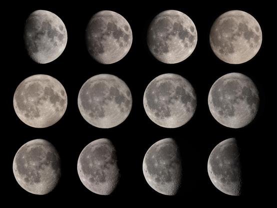 Zeitserie der Mondphasen in zwölf aufeinanderfolgenden Nächten rund um Vollmond