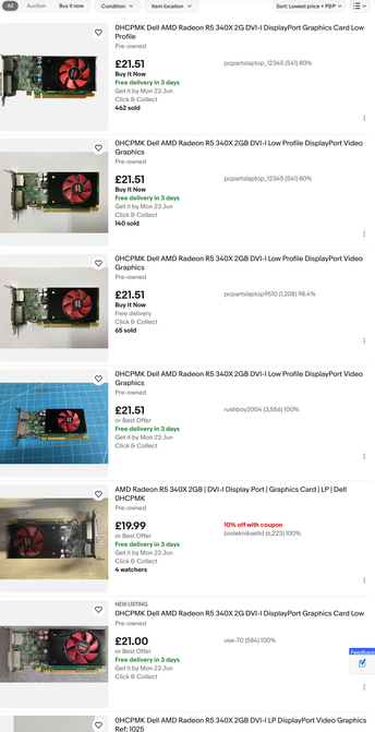A screenshot showing the price set to lowest price first, yet a listing at £21.51 is above listings at £19.99 and £21.00