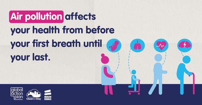 "Air pollution affects your health from before your first breath until your last."
An illustration shows a pregnant woman with a close up on the baby in her belly, a child on a scooter with a close up of their lungs, an adult with a close up on their heart, and an older person with a walking stick with a close up on their brain.
Logos for Global Action Plan, Clean Air Day and Health Equals