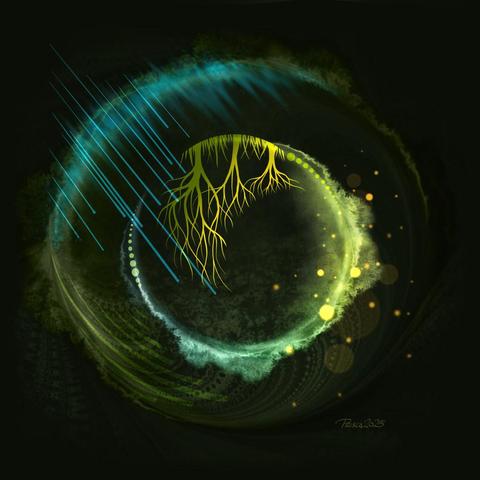 watercolour; dark background with an abstract image of 2 partial circles, the outer circle is green and the top left is blue with diagonal lines streaming downward, faded green curve of droplets sits in the bottom left; an inner partial circle sits in the centre with 3 trees on a grass line upside down, its inner edges tinted in bright green, its lower right half fuzzy and flowing in yellows and faded aqua blue, yellow light dots scattered in top.