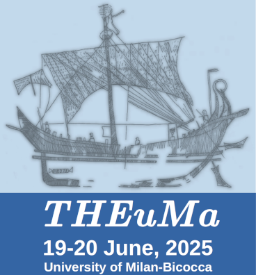 The THEuMa logo, a black on light blue rendition of the ship "Europe", an ancient graffito from Pompeii.