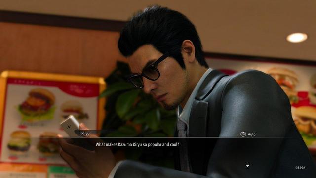Screenshot from Like a Dragon Gaiden: The Man Who Erased His Name. Kiryu: "What makes Kazuma Kiryu so popular and cool?"