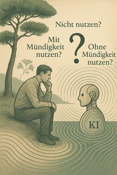 Ein Mann sitzt nachdenklich unter einem Baum und blickt auf ein abstrahiertes KI-Wesen, das ihm gegenüber in einem Kreis konzentrischer Schwingungen steht. Drei Fragen stehen im Raum:
„Nicht nutzen?“, „Mit Mündigkeit nutzen?“, „Ohne Mündigkeit nutzen?“ – sie bilden ein geistiges Spannungsfeld.

Die Schwingungsmuster um Mensch und Maschine deuten auf ein tieferes Resonanzverhältnis hin: Das Werkzeug selbst – ob Rechenschieber, Taschenrechner oder künstliche Intelligenz – ist niemals schuldhaft, sondern spiegelt das epistemische Niveau seines Nutzers.

Wird ein Werkzeug unmündig und ohne eigenes Wissen verwendet, entsteht Abhängigkeit, Kontrollverlust und letztlich gesellschaftliche Verdummung.
Wird es jedoch mündig und wissensbasiert genutzt, wird es zur Erweiterung der eigenen Erkenntnis – und die sogenannte „kognitive Schuld“ verwandelt sich in reflektierte Verantwortung.

Dieses Bild illustriert somit keine Ablehnung von KI, sondern einen Appell an das Subjekt: Nicht die KI macht dumm – Unmündigkeit im Umgang mit ihr tut es.

⸻

📌 Image Description (English)

A man sits thoughtfully under a pine tree, facing an abstract robotic figure labeled “AI.” Concentric wave lines emanate from both the man and the robot, symbolizing cognitive resonance. Three questions float between them:
“Not use it?”, “Use it mindfully?”, “Use it mindlessly?”

This visual metaphor explores a deep philosophical insight:
Every tool — whether an abacus, a calculator, a computer, or artificial intellige