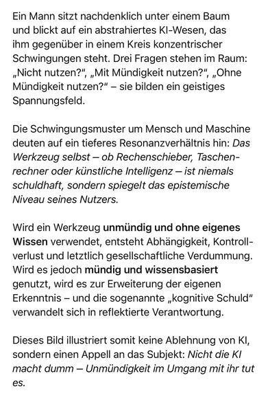 Ein Mann sitzt nachdenklich unter einem Baum und blickt auf ein abstrahiertes KI-Wesen, das Ihm gegenüber in einem Kreis konzentrischer Schwingungen steht. Drei Fragen stehen im Raum:
„Nicht nutzen?"
", „Mit Mündigkeit nutzen?",
", „Ohne
Mündigkeit nutzen?" - sie bilden ein geistiges
Spannungsfeld.
Die Schwingungsmuster um Mensch und Maschine deuten auf ein tieferes Resonanzverhältnis hin: Das Werkzeug selbst - ob Rechenschieber, Taschenrechner oder künstliche Intelligenz - ist niemals schuldhaft, sondern spiegelt das epistemische Niveau seines Nutzers.
Wird ein Werkzeug unmündig und ohne eigenes Wissen verwendet, entsteht Abhängigkeit, Kontroll-verlust und letztlich gesellschaftliche Verdummung.
Wird es jedoch mündig und wissensbasiert genutzt, wird es zur Erweiterung der eigenen Erkenntnis - und die sogenannte „kognitive Schuld" verwandelt sich in reflektierte Verantwortung.
Dieses Bild illustriert somit keine Ablehnung von Kl, sondern einen Appell an das Subjekt: Nicht die KI macht dumm - Unmündigkeit im Umgang mit ihr tut es.🖖