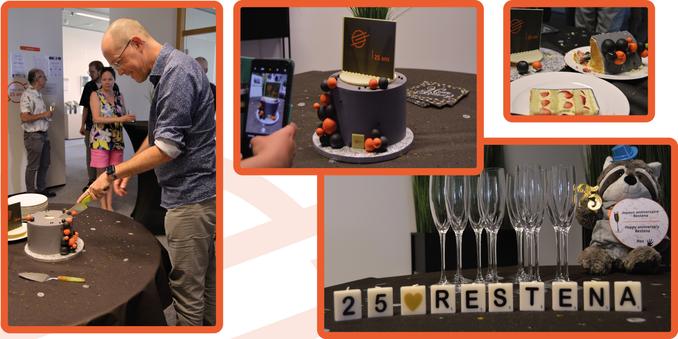 Four different images taken during the 25 years celebrations. They include the anniversary cake.