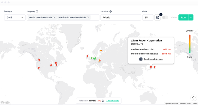 Eine Karte mit DNS-Auflösungszeiten über die Welt verteilt: Japan: 1,8 sec. Nach Optimierung: 0,7 Sekunden.
