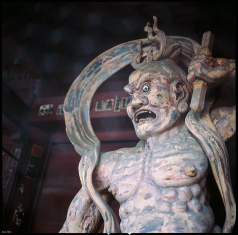 colour photograph of one the Nio (guardian kinds). there is typically a pair of these at the entrance to a temple - one mouth open - Agyō, another mouth closed - Ungyō.

they represent overt violence and latent strength, respectively.