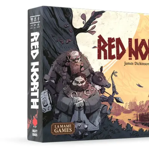 A game box for "Red North" features a stylized illustration of three warriors, including a large bearded figure and a smaller character, set against a backdrop of a Norse-inspired landscape with a tent and a large tree. The title "RED NORTH" is prominently displayed in bold red letters, with the designer's name, James Dickinson, below it. The box also includes the logos for Mighty Boards and La Mame Games.