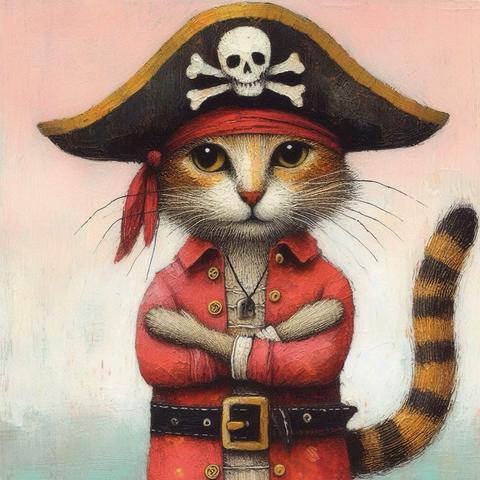 KI-Bild (DALL•E3):

Das Katz steht mit verschränkten Armen und leicht genervt da! Ihre Piratenbande ist heute ausser der Rand und der Band (nicht im Bild). Ansonsten sieht unsere Kaffeepiratin wie immer entzückend aus, heute in roter Jacke und dem guten Hütchen mit Goldrand.