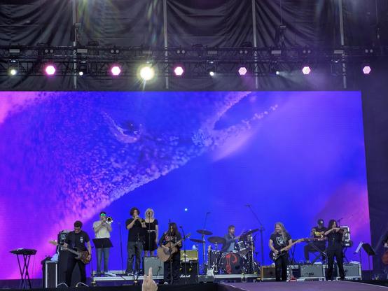 Kim Deal on stage with her band. Background is a blue/pink abstract, like a 4AD record cover. She is playing a big acoustic guitar. In all there are 9 musicians visible. Sorry to the upright bass player who got cut off the right side