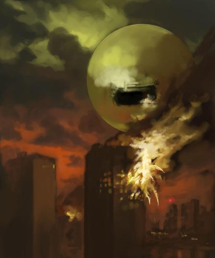 Digital painting of giant eyeball in the sky observing as a fire rages through a skyscraper