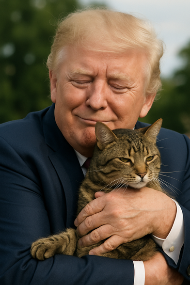 A man in a dark blue suit jacket and white shirt is holding a tabby cat close to his chest. The cat has a brown and black striped coat with white whiskers and is looking slightly to the side. The man has his eyes closed and is smiling gently, appearing to be in a moment of affection with the cat. The background is blurred, suggesting an outdoor setting with greenery. The man's hands are gently cradling the cat, with one hand supporting the cat's back and the other around its front.