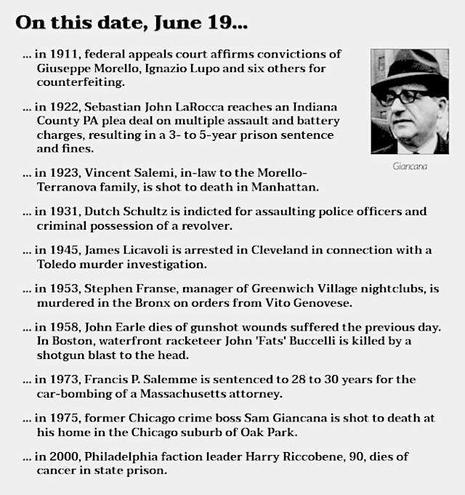 Image of Sam Giancana. Text reads: On this date, June 19...
in 1911, federal appeals court affirms convictions of Giuseppe Morello, Ignazio Lupo and six others for counterfeiting.
in 1922, Sebastian John LaRocca reaches an Indiana County PA plea deal on multiple assault and battery charges, resulting in a 3- to 5-year prison sentence and fines.
in 1923, Vincent Salemi, in-law to the Morello-Terranova family, is shot to death in Manhattan.
in 1931, Dutch Schultz is indicted for assaulting police officers and criminal possession of a revolver.
in 1945, James Licavoli is arrested in Cleveland in connection with a Toledo murder investigation.
in 1953, Stephen Franse, manager of Greenwich Village nightclubs, is murdered in the Bronx on orders from Vito Genovese.
in 1958, John Earle dies of gunshot wounds suffered the previous day. In Boston, waterfront racketeer John 'Fats' Buccelli is killed by a shotgun blast to the head.
in 1973, Francis P. Salemme is sentenced to 28 to 30 years for the car-bombing of a Massachusetts attorney.
in 1975, former Chicago crime boss Sam Giancana is shot to death at his home in the Chicago suburb of Oak Park.
in 2000, Philadelphia faction leader Harry Riccobene, 90, dies of cancer in state prison.