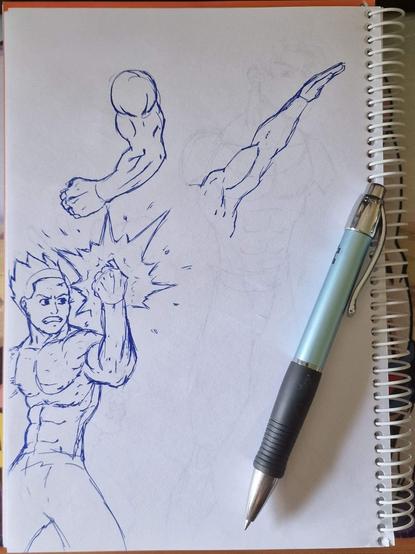Tres bocetos hechos a bolígrafo. En la parte de arriba hay dos brazos, uno flexionado y otro estirado, mostrando musculaturas marcadas. En la parte de abajo, un personaje de pie, ligeramente encorvado, sin camiseta, con un brazo flexionado y alzado cargando energía como si se estuviera preparando para atacar.