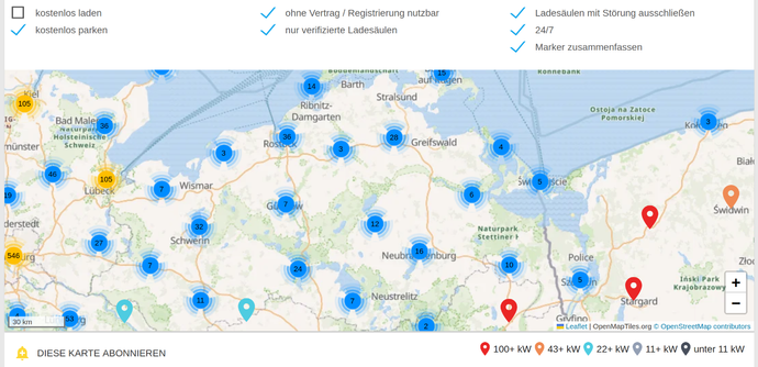 Landkartenausschnitt von https://www.goingelectric.de/stromtankstellen/ mit Ladesäulen für Mecklenburg-Vorpommern