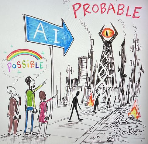 Drawing of people thinking positively about a possible AI future pointing to a probable negative future