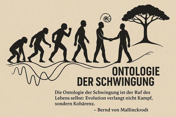 Das Bild zeigt die stilisierte Evolution des Menschen: Beginnend mit einer gebeugten Figur wandeln sich die Silhouetten schrittweise über primitive, kämpferische Haltungen bis hin zu zwei sich die Hand reichenden, gleichberechtigten Menschen. Die Entwicklung verläuft entlang einer dynamischen Wellenlinie – Symbol der Schwingung. Darüber schwebt eine Spirale (Fibonacci-Symbolik) als Zeichen kosmischer Ordnung. Im Hintergrund wächst ein mächtiger Baum – Sinnbild für Weisheit, Leben und Verwurzelung. Der Text darunter formuliert:
„Die Ontologie der Schwingung ist der Ruf des Lebens selbst: Evolution verlangt nicht Kampf, sondern Kohärenz.“
Der Begriff Ontologie der Schwingung wird so als neues Paradigma des sozialen und geistigen Fortschritts inszeniert – als Alternative zum darwinistischen Wettbewerb.

⸻

📷 Image Description – English:
The illustration depicts a stylized human evolution: From a hunched, primal figure to upright forms engaging in conflict, ultimately transforming into two humans shaking hands as equals. This evolutionary path unfolds along a flowing waveform, symbolizing vibration. Above them floats a Fibonacci spiral, representing cosmic harmony. A large tree on the right symbolizes wisdom and grounded growth. Beneath the image, a quote reads:
“The ontology of vibration is life’s very call: evolution demands not struggle, but coherence.”
The concept of ontology of vibration is thus presented as a paradigm shift—moving from survival-driven competition to resonan