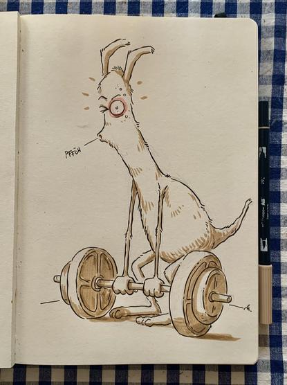 A cartoonish monster, resembling a dog with long ears, is struggling to lift a barbell. It has exaggerated features, including long arms and a surprised expression, with the text "PFFÜH" depicted nearby, suggesting effort.