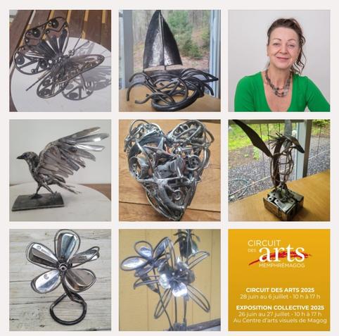 Un photo montage comprenant une photo de moi, une image des heures d'ouverture de l'expo et 7 photos de créations en acier: un papillon, un voilier, une corneille, un coeur, un pingouin, une fleur et un bouquet.
