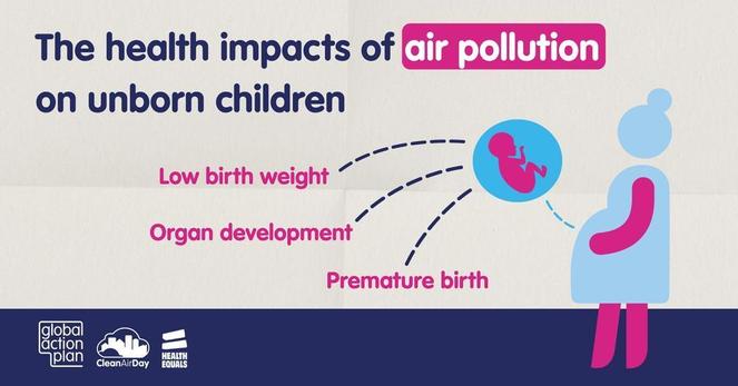 A pregnant woman illustration with baby in womb. Potential adverse health implications are written next to the graphic. These include 'Low birth weight', 'Organ development' and 'Premature birth'. The graphic also reads: 'The health impacts of air pollution on unborn children'.