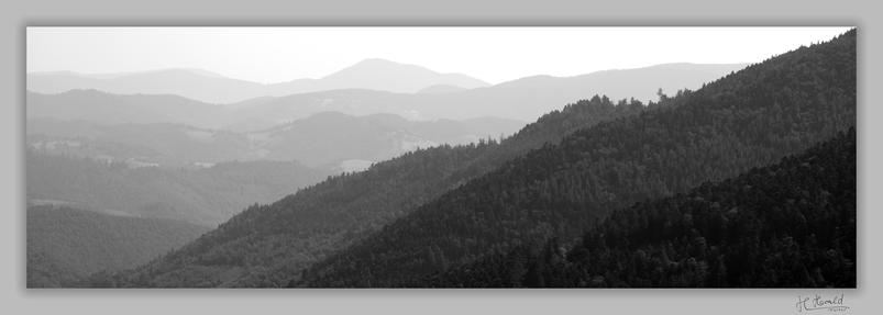 A black and white panorama with a grey frame of the Vosges hills. The wooded heights lie in rows one behind the other and become increasingly lighter towards the back. The first three hills run diagonally from bottom left to top right and take up half of the picture.