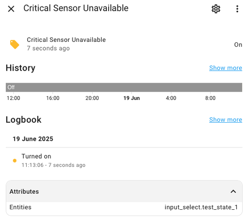 A binary sensor indicating that a labelled sensor is unavailable, with an Entities attribute listing the unavailable entities.