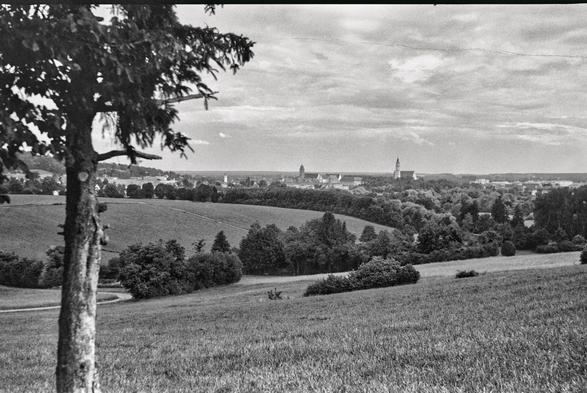 Ein schwarz-weißes Landschaftsfoto, das eine ländliche Ansicht mit sanften Hügeln und Bäumen im Vordergrund zeigt. In der Ferne ist eine kleine Stadt mit mehreren Kirchtürmen vor einem bewölkten Himmel zu sehen.